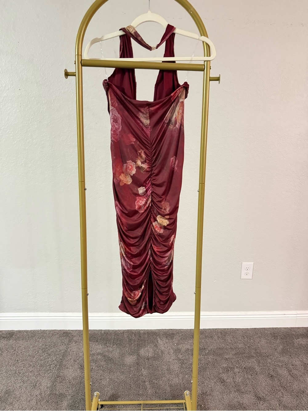 Oh Polly Floral Ruched Cowl Neck Maxi Dress Burgundy Red US 8 - Picture 2 of 4